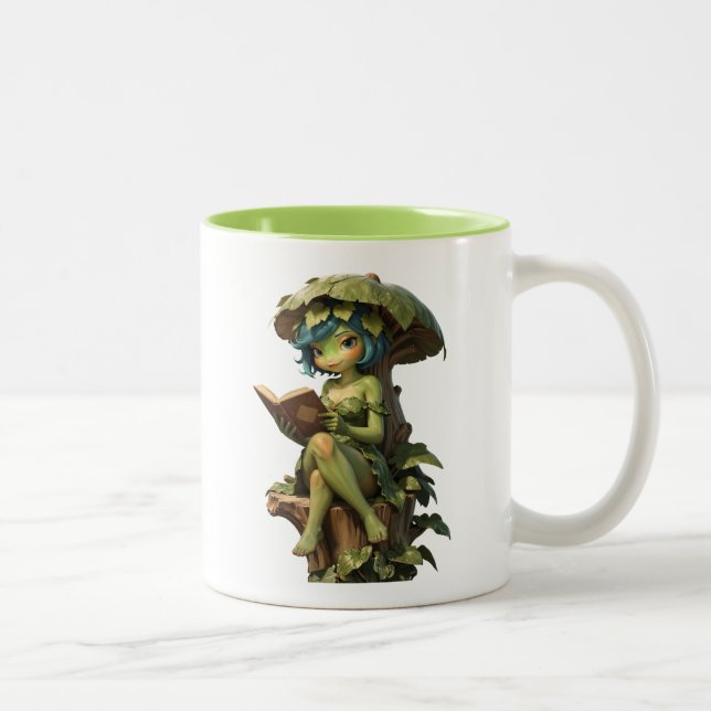 Cute Frog Girl Reading Book Under Leaf Two-Tone Coffee Mug (Right)