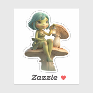 Cute Frog Girl with Lantern on Mushroom