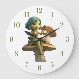 Cute Frog Girl with Lantern on Mushroom Large Clock