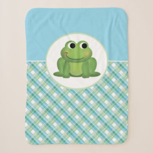 Cute Frog Green and Blue Plaid Sherpa Baby Blanket