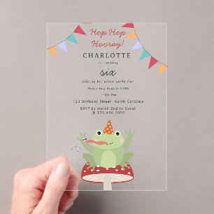 Cute Frog Hop Hop Hooray Mushroom Plaid Birthday Acrylic Invitations