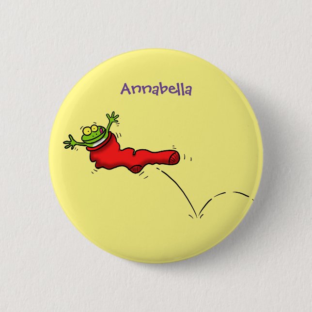 Cute frog in a red sock jumping cartoon 2 inch round button (Front)