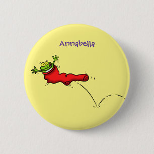 Cute frog in a red sock jumping cartoon 2 inch round button