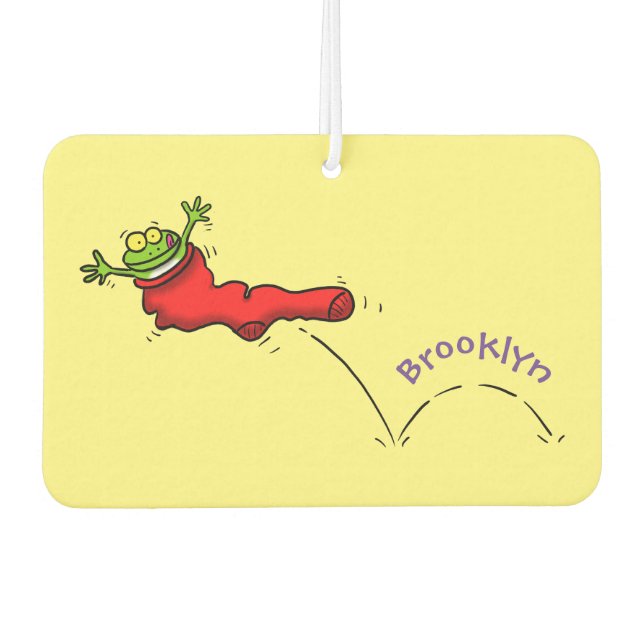 Cute frog in a red sock jumping cartoon  air freshener (Front)