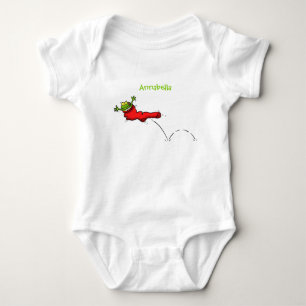Cute frog in a red sock jumping cartoon baby bodysuit