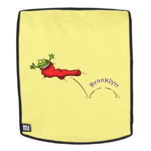 Cute frog in a red sock jumping cartoon backpack