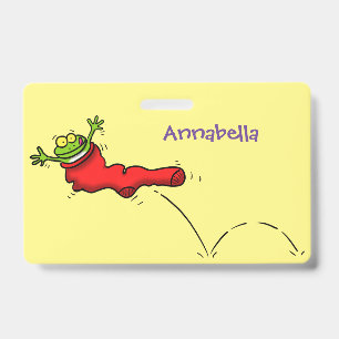 Cute frog in a red sock jumping cartoon badge