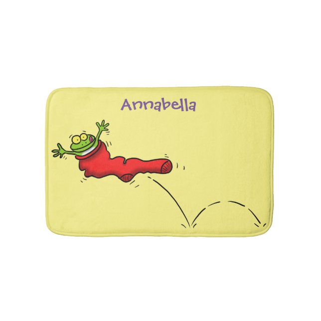 Cute frog in a red sock jumping cartoon bath mat (Front)