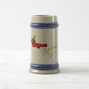 Cute frog in a red sock jumping cartoon beer stein