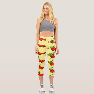 Cute frog in a red sock jumping cartoon capri leggings