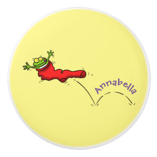 Cute frog in a red sock jumping cartoon ceramic knob