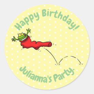 Cute frog in a red sock jumping cartoon classic round sticker