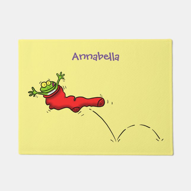 Cute frog in a red sock jumping cartoon doormat (Front)