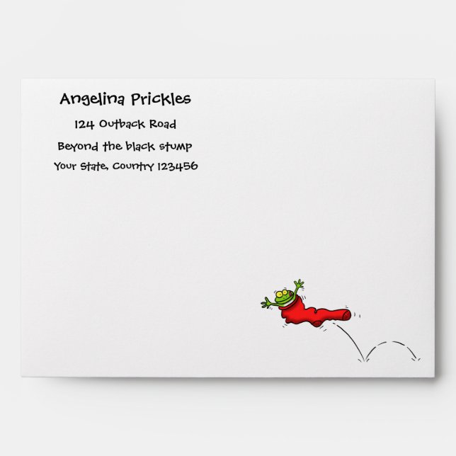 Cute frog in a red sock jumping cartoon envelope (Front)