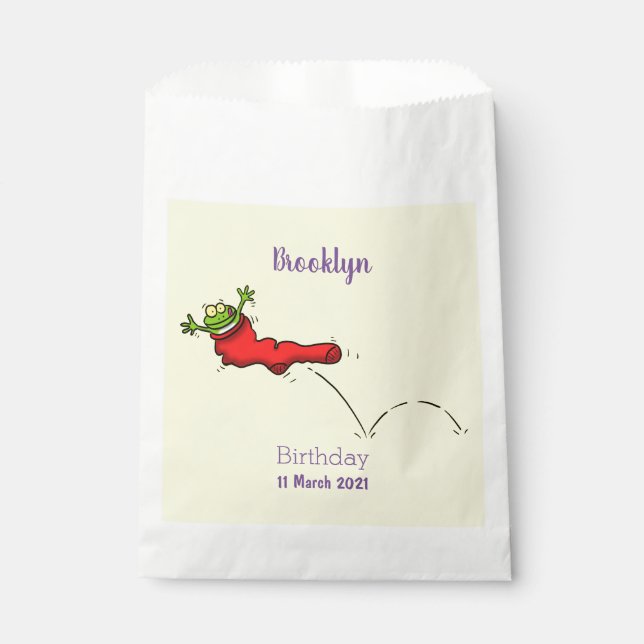 Cute frog in a red sock jumping cartoon favour bag (Front)