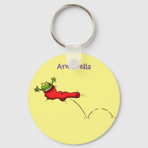 Cute frog in a red sock jumping cartoon keychain
