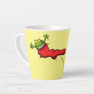 Cute frog in a red sock jumping cartoon latte mug