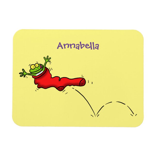 Cute frog in a red sock jumping cartoon magnet (Horizontal)