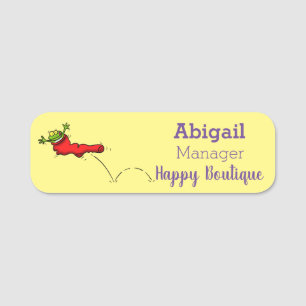 Cute frog in a red sock jumping cartoon name tag