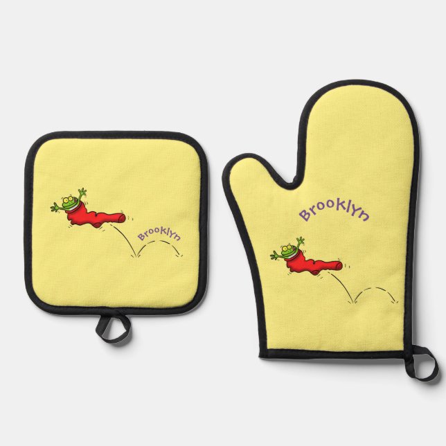 Cute frog in a red sock jumping cartoon oven mitt & pot holder set (Front)