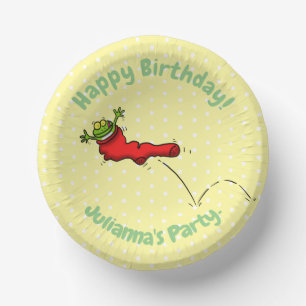 Cute frog in a red sock jumping cartoon paper plate