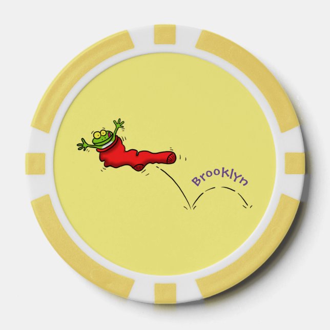 Cute frog in a red sock jumping cartoon poker chips (Front)