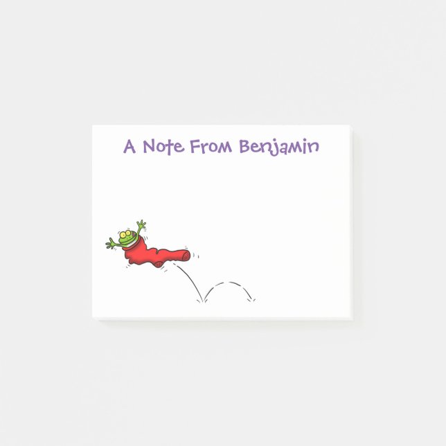 Cute frog in a red sock jumping cartoon post-it notes (Front)