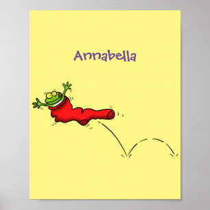 Cute frog in a red sock jumping cartoon poster