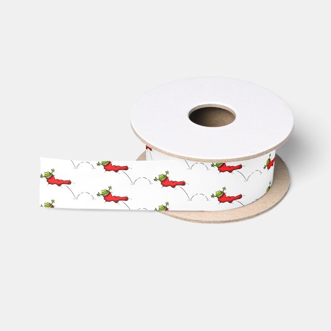 Cute frog in a red sock jumping cartoon satin ribbon (Spool)