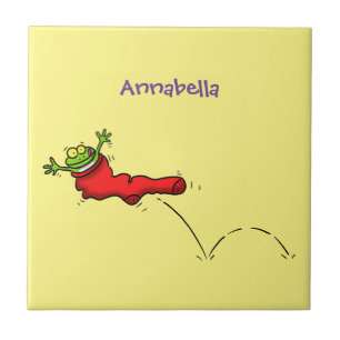 Cute frog in a red sock jumping cartoon tile
