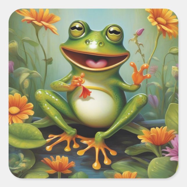 Cute Frog in Nature with Flowers Sticker (Front)