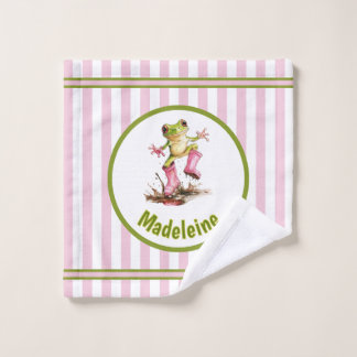Cute Frog in Pink Rain Boots Monogram Striped Bath Towel Set