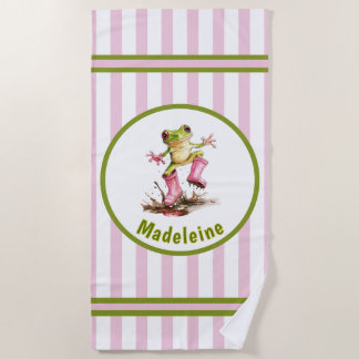 Cute Frog in Pink Rain Boots Monogram Striped Beach Towel