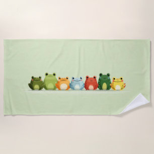 Cute Frog Lineup – Colourful Kawaii Animal Art Beach Towel