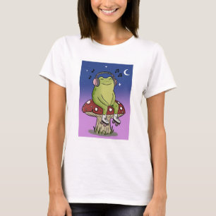 Cute Frog Listening Music On Mushroom Illustration T-Shirt