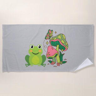 cute frog, mushrooms and butterfly beach towel