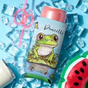 Cute Frog on a Lily Pad Cute Personalized Seltzer Can Cooler
