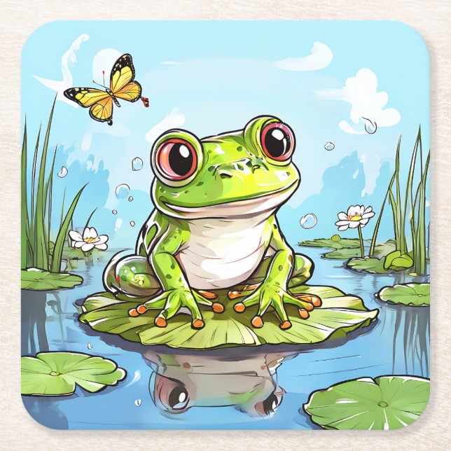 Cute Frog on a Lily Pad Cute Personalized Square Paper Coaster (Front)