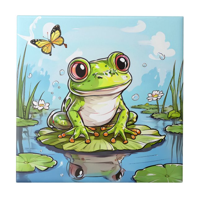 Cute Frog on a Lily Pad Cute Personalized Tile (Front)
