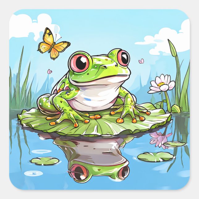 Cute Frog on a Lily Pad Cute   Square Sticker (Front)