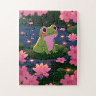 Cute Frog on Lily Pad Pink Lotus Flowers Pond Jigsaw Puzzle
