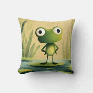 Cute Frog on Lily Pad – Whimsical Cartoon Art Throw Pillow