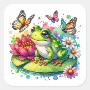 Cute Frog on Lily Pad with Flowers and Butterflies Square Sticker