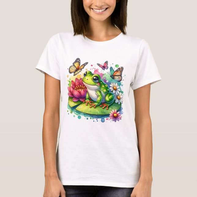 Cute Frog on Lily Pad with Flowers and Butterflies T-Shirt (Front)