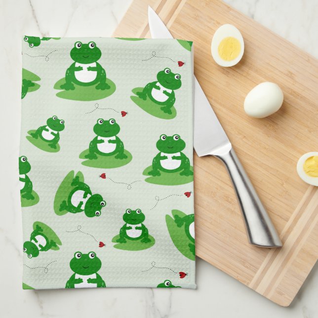 Cute Frog On Lily Pad With Ladybugs Pattern Kitchen Towel (Quarter Fold)