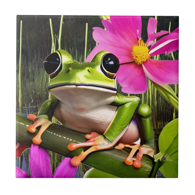 Cute Frog on Pink Flower Branch   Tile (Front)