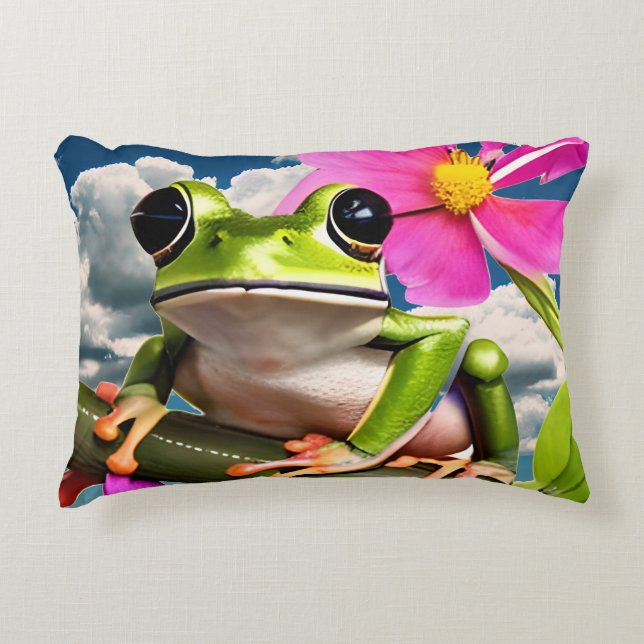 Cute Frog on Pink Flower Branch with Clouds Accent Pillow (Front)