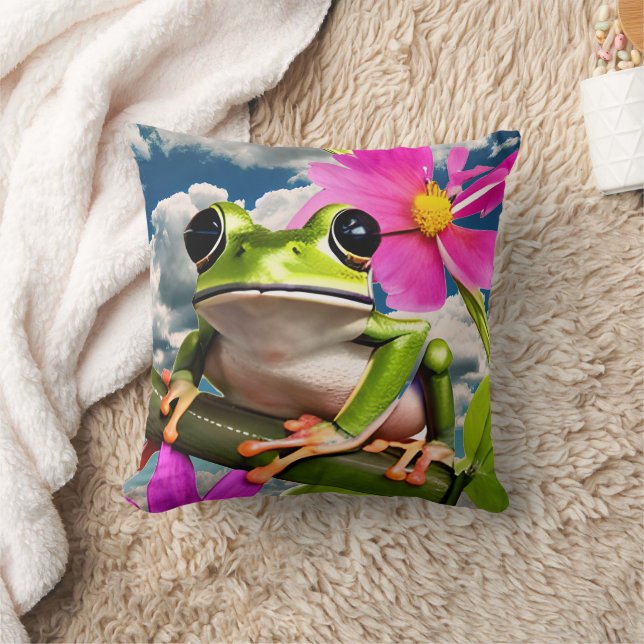 Cute Frog on Pink Flower Branch with Clouds Throw Pillow (Blanket)