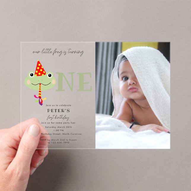 Cute Frog Party Hat Kids First 1st Birthday Photo Acrylic Invitations (Insitu (Handheld))