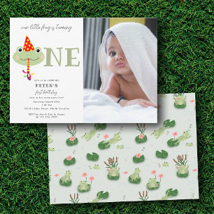 Cute Frog Party Hat Kids First 1st Birthday Photo Invitation